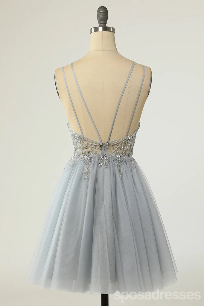 Grey Spaghetti Straps See Through Short Homecoming Dresses,Cheap Short Prom Dresses,CM879