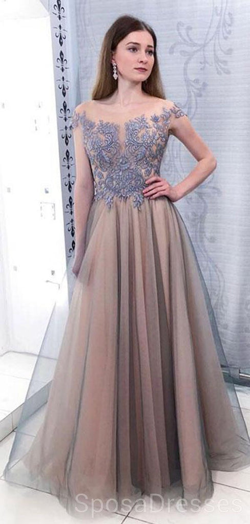 Cap Sleeves Scoop Dusty Blue Lace Grey Evening Prom Dresses, Cheap Custom Sweet 16 Dresses, 18483