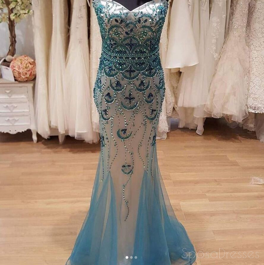 Escote corazón sin tirantes azul Vestidos de fiesta de noche largos con sirena delicada y rebordeada, Vestidos de fiesta largos y populares baratos 2018, 17295