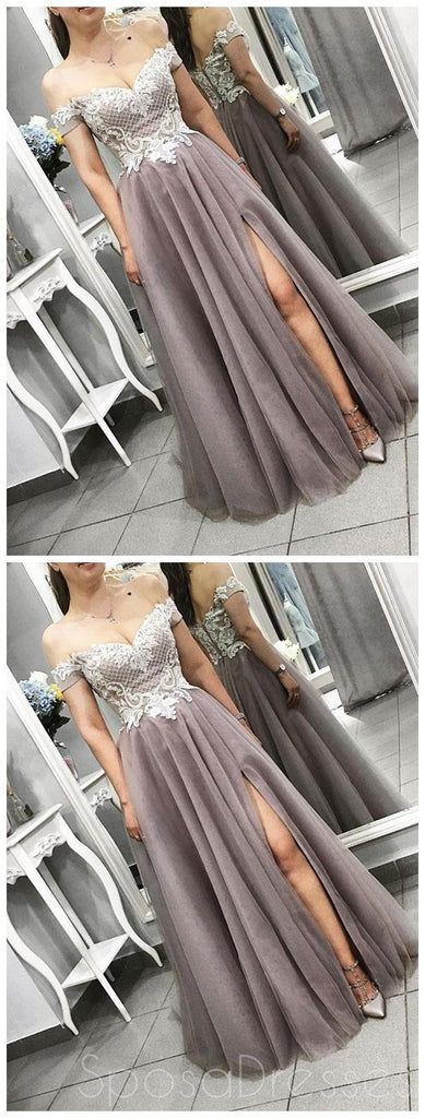 Fuera del hombro Encaje Gris Vestidos de fiesta largos y baratos por la noche, Vestidos Sweet16 personalizados, 18418