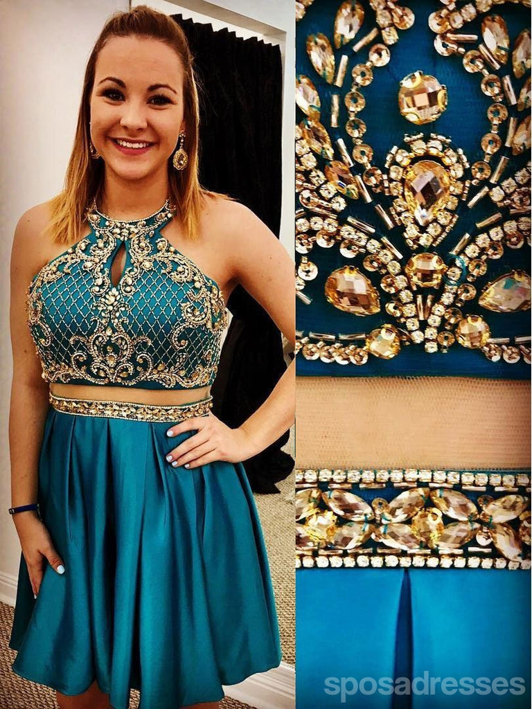 Teal Cheap Cute Short Two Piece Homecoming Dresses Under 2018, CM463