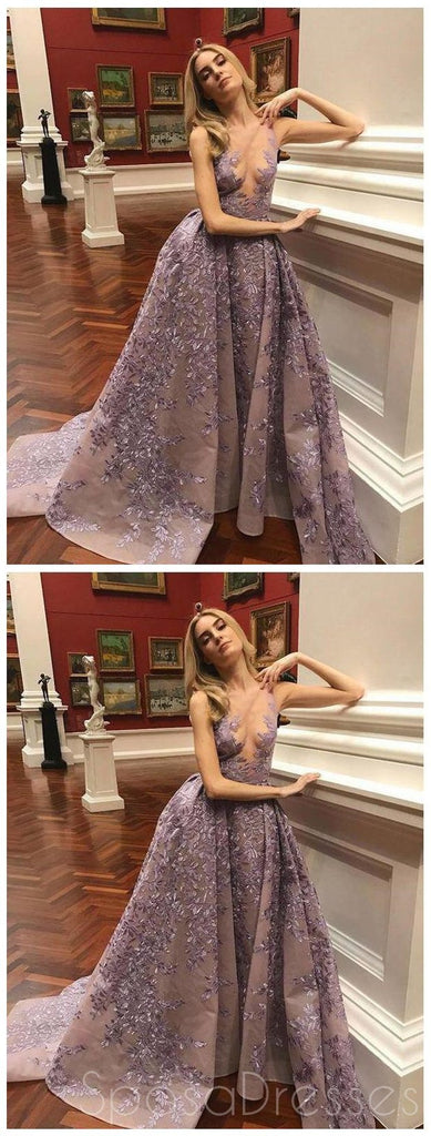 Dusty Purple Lace A line Scoop Cheap Long Evening Prom Dresses, Cheap Sweet 16 Dresses, 18377