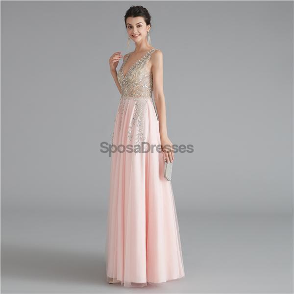 V Neck Chiffon Heavily Beaded Pink Evening Prom Dresses, Evening Party Prom Dresses, 12122