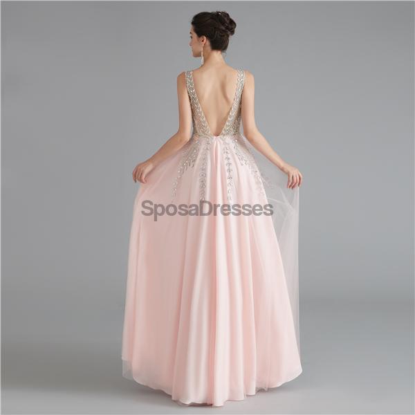 V Neck Chiffon Heavily Beaded Pink Evening Prom Dresses, Evening Party Prom Dresses, 12122