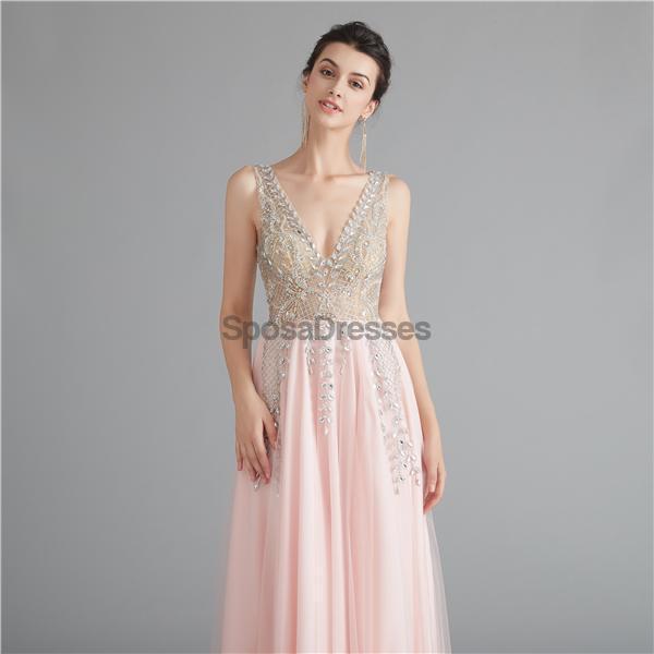 V Neck Chiffon Heavily Beaded Pink Evening Prom Dresses, Evening Party Prom Dresses, 12122