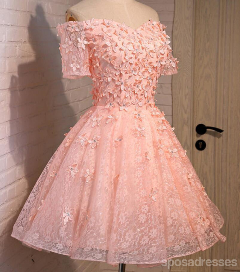 Off Shoulder  Short Sleeve Peach Lace Beaded Homecoming Prom Dresses, Affordable Short Party Prom Dresses, Perfect Homecoming Dresses, CM294