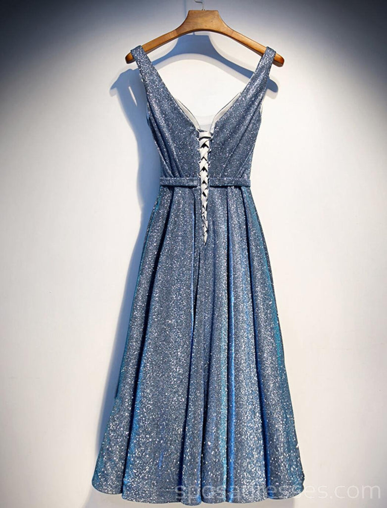 Sparkly V Neck Dusty Blue Sequin Homecoming Dresses Online, Cheap Short Prom Dresses, CM758