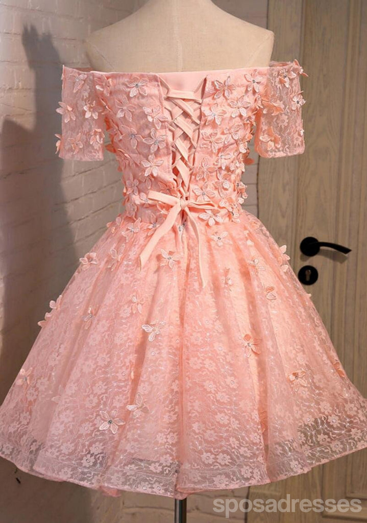 Off Shoulder  Short Sleeve Peach Lace Beaded Homecoming Prom Dresses, Affordable Short Party Prom Dresses, Perfect Homecoming Dresses, CM294