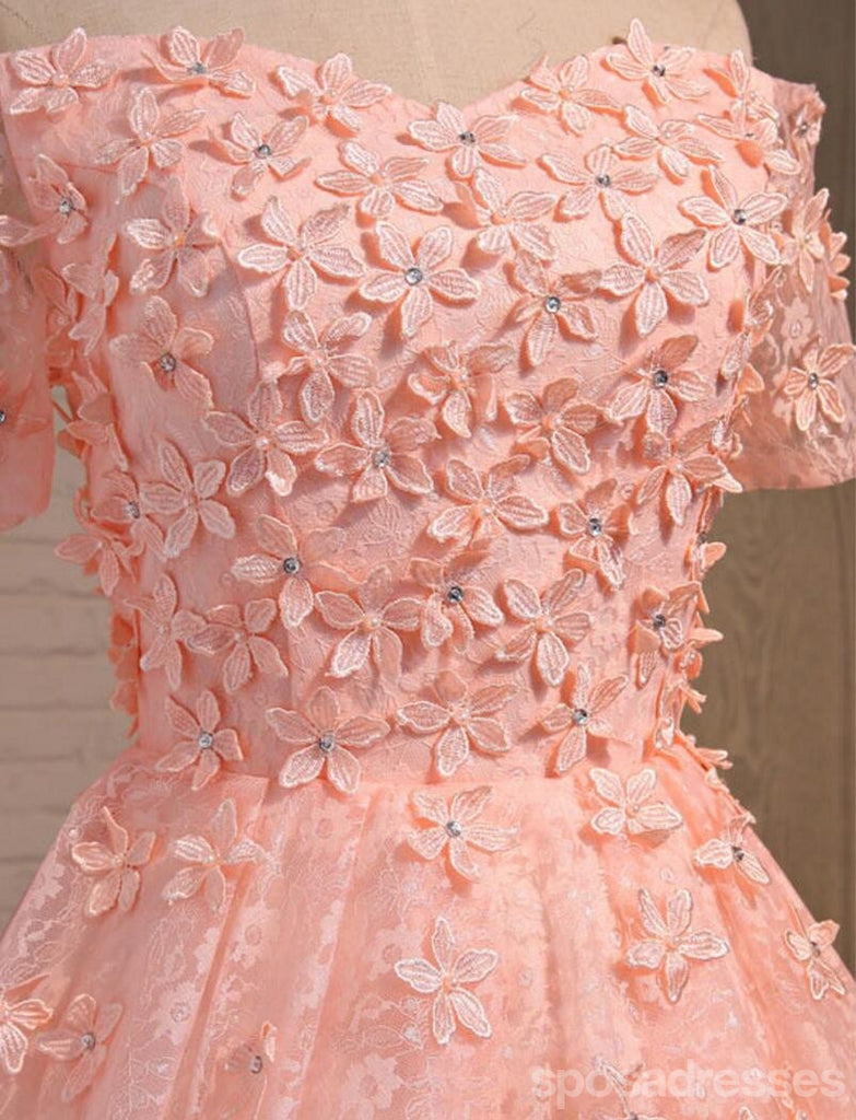 Off Shoulder  Short Sleeve Peach Lace Beaded Homecoming Prom Dresses, Affordable Short Party Prom Dresses, Perfect Homecoming Dresses, CM294