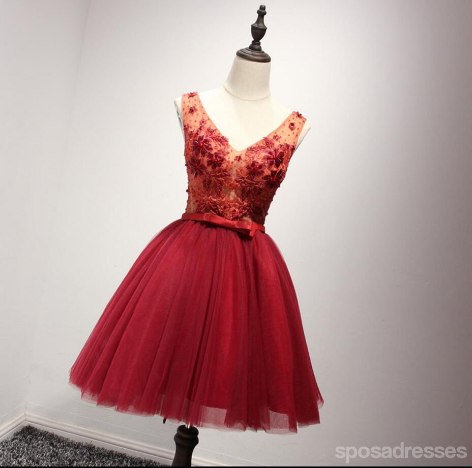 Escote en V Rojo de Encaje de Ver a Través de Regreso a casa vestidos de fiesta, Vestidos Asequibles a Corto Partido de la parte Posterior del Corsé vestidos de fiesta, Vestidos Perfectos Vestidos de Regreso a casa, CM229