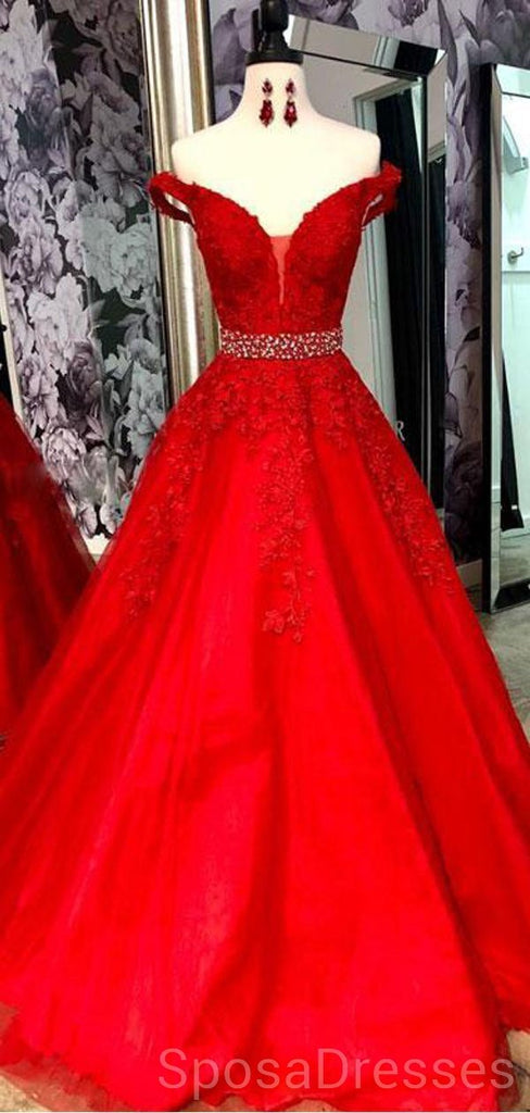 Off Shoulder Red Lace Beaded Evening Prom Dresses, Cheap Custom Sweet 16 Dresses, 18485