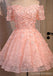 Off Shoulder  Short Sleeve Peach Lace Beaded Homecoming Prom Dresses, Affordable Short Party Prom Dresses, Perfect Homecoming Dresses, CM294