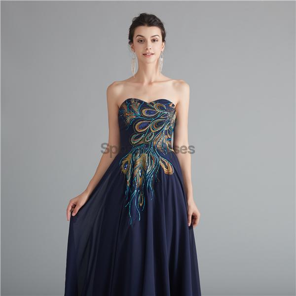 Vestidos de fiesta de noche largos baratos con bordado de novia azul marino, vestidos de fiesta de noche, 12123