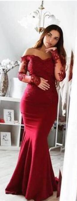 Long Sleeve Lace Mermaid Burgundy Long Bridesmaid Dresses Online, WG290