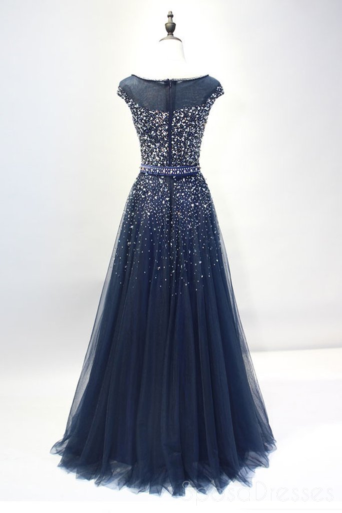 Cap Sleeves Navy Tulle Beaded Long Evening Prom Dresses, Cheap Custom Party Prom Dresses, 18586