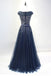 Cap Sleeves Navy Tulle Beaded Long Evening Prom Dresses, Cheap Custom Party Prom Dresses, 18586