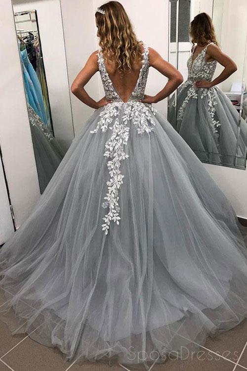 V Neck Grey Lace Ball Gown Long Evening Prom Dresses, Cheap Custom Party Prom Dresses, 18582