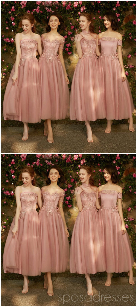 Blush Pink Lace Tulle Short Mismatched Cheap Bridesmaid Dresses Online, WG535