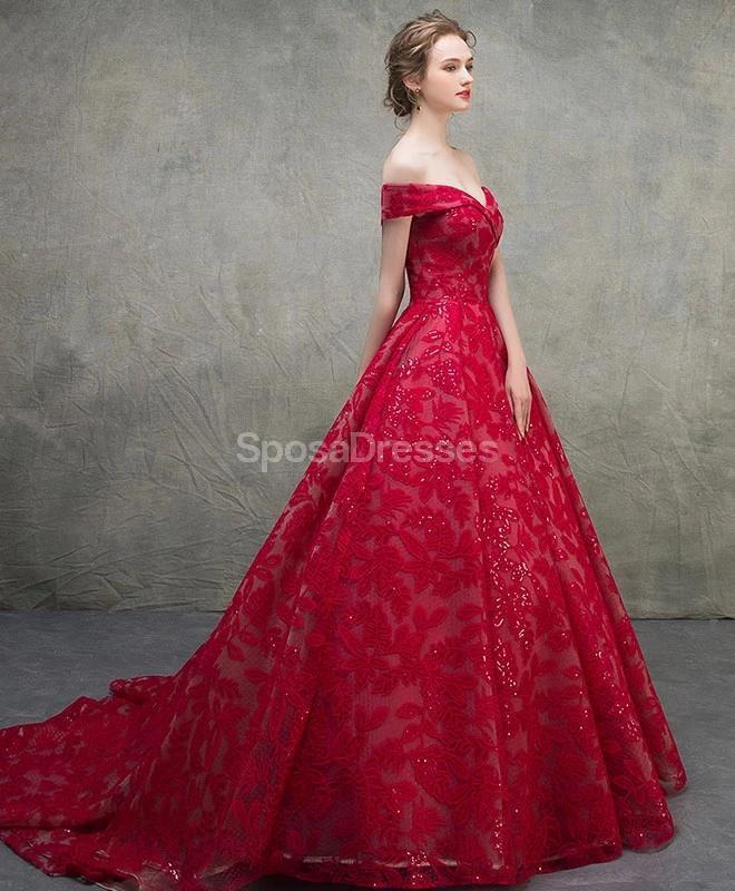 Red Off Shoulder Lace Ball Gown Long Evening Prom Dresses, Evening Party Prom Dresses, 12216