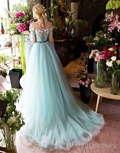 Green Off Shoulder Lace Beaded Evening Prom Dresses, Cheap Custom Sweet 16 Dresses, 18484