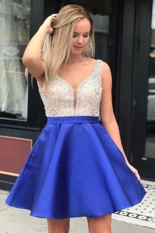 Gold V Neck Beaded Short Homecoming Dresses Online, Cheap Short Prom Dresses, CM838