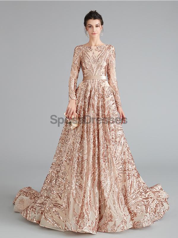 Lange Ärmel Sparkly Rose Gold Backless Abend Prom Kleider, Abend Party Prom Kleider, 12111