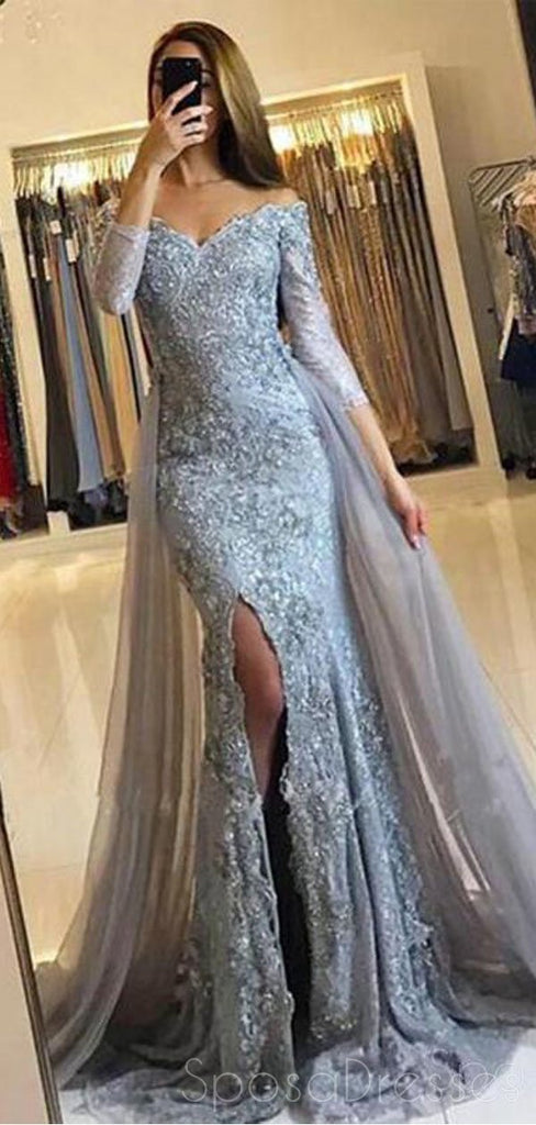 De Manga larga de Polvo Azul de Encaje de la Hendidura del Lado de Sirena de Noche, vestidos de fiesta, Vestidos Popular 2018 Fiesta vestidos de fiesta, Vestidos de encargo Largo Vestidos de fiesta, Hoteles de Formal, vestidos de fiesta, Vestidos 17206