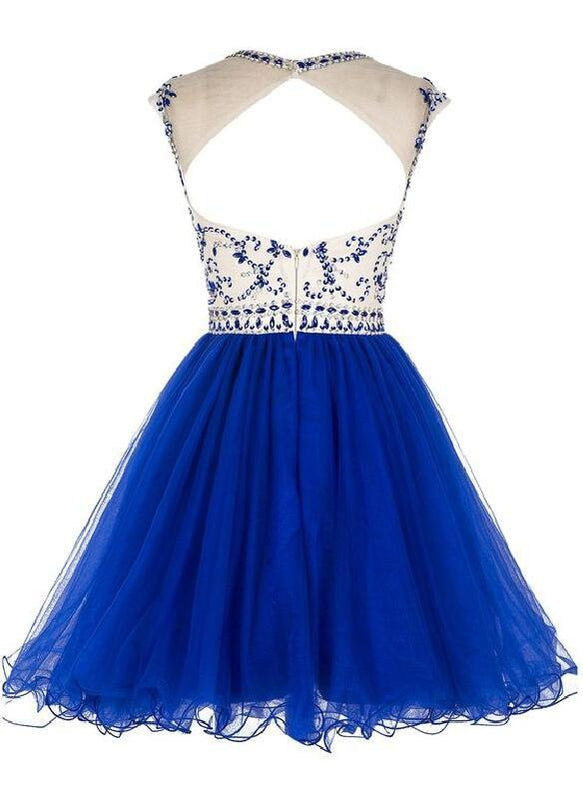 Sexy open back Royal Blue Short Tulle baile de Finalistas Vestidos, CM0008