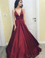 Simple Cheap Maroon Sexy Deep V Neckline A line Long Evening Prom Dresses, Popular Cheap Long Custom Party Prom Dresses, 17324