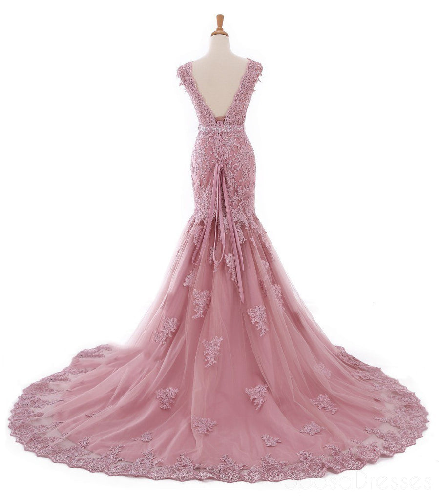 Sexy encaje sirena V escote polvoriento Rosa largo noche vestidos de baile, Popular barato largo 2018 fiesta vestidos de baile, 17226