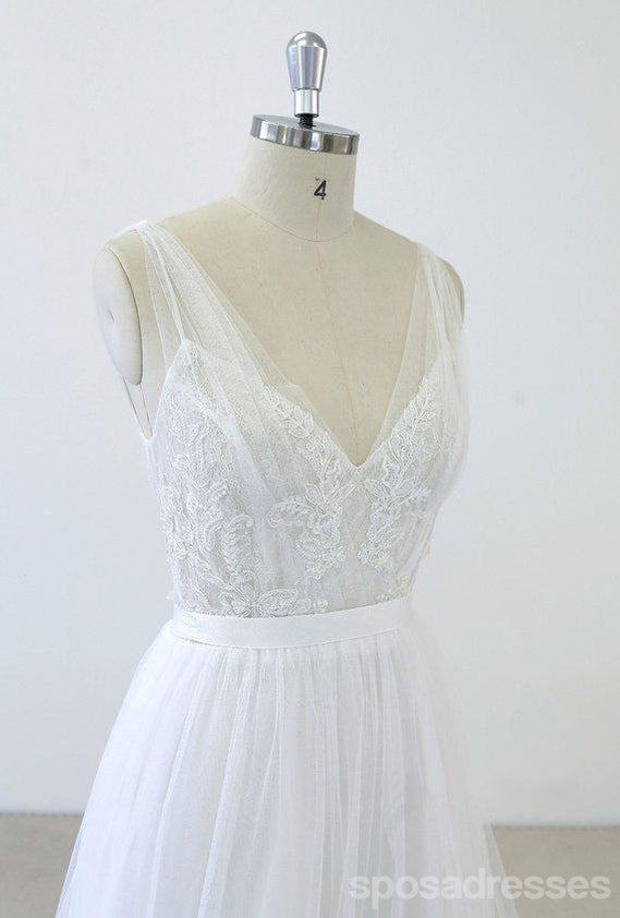 2018 Simples V Neck Lace Capela Cauda de Uma linha de Vestidos de Noiva Branco Online, WD372