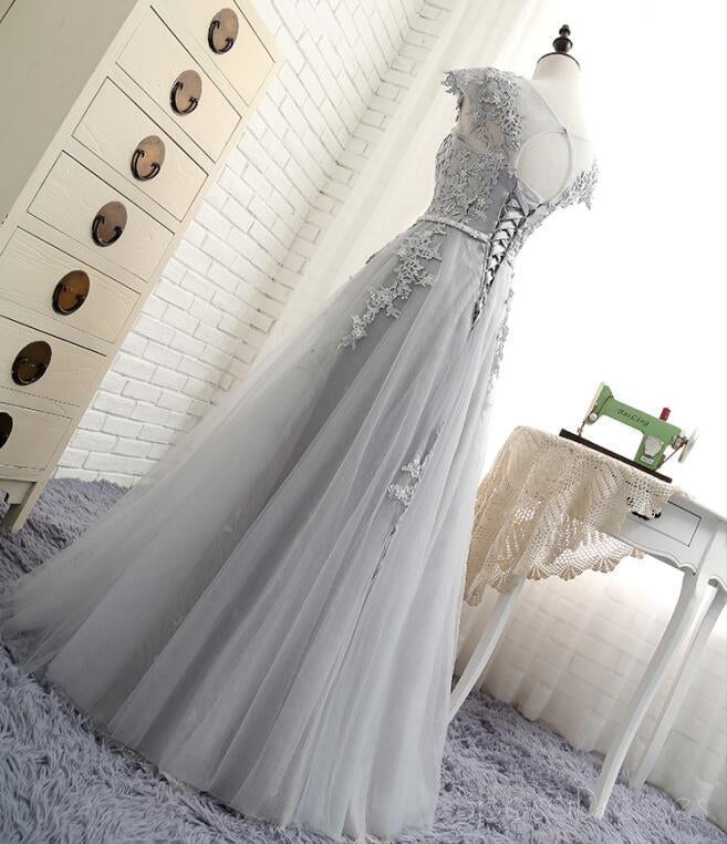 Sexy Open Back Cap Sleeve Gray Lace Beaded Evening Prom Dresses, Popular Lace Party Prom Dresses, Custom Long Prom Dresses, Cheap Formal Prom Dresses, 17178