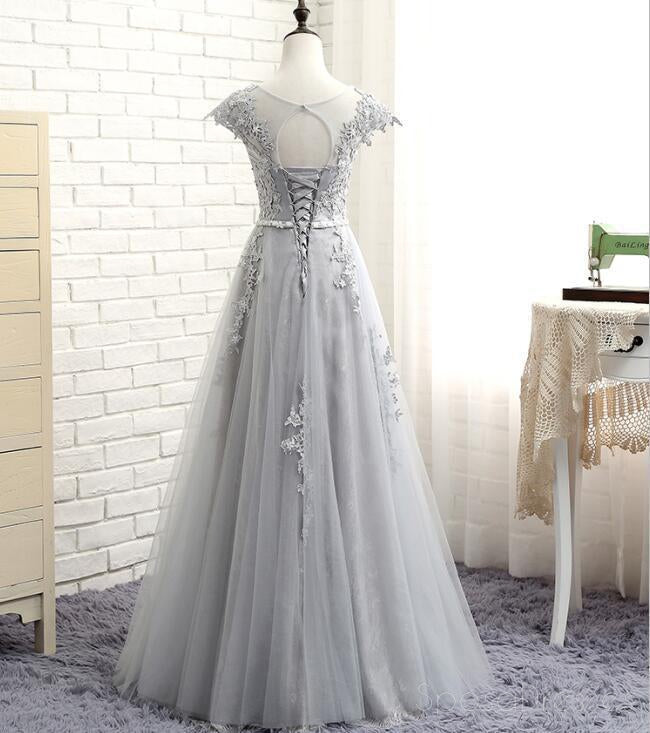 Sexy Open Back Cap Sleeve Gray Lace Beaded Evening Prom Dresses, Popular Lace Party Prom Dresses, Custom Long Prom Dresses, Cheap Formal Prom Dresses, 17178