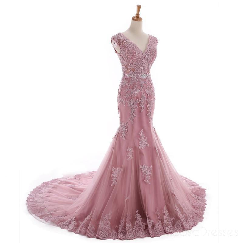 Sexy encaje sirena V escote polvoriento Rosa largo noche vestidos de baile, Popular barato largo 2018 fiesta vestidos de baile, 17226