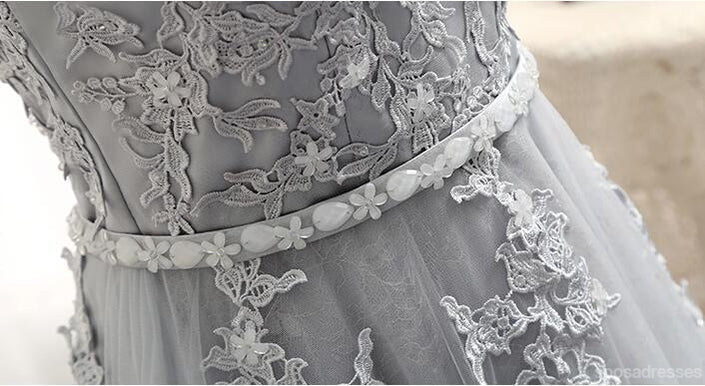 Sexy Open Back Cap Sleeve Gray Lace Beaded Evening Prom Dresses, Popular Lace Party Prom Dresses, Custom Long Prom Dresses, Cheap Formal Prom Dresses, 17178