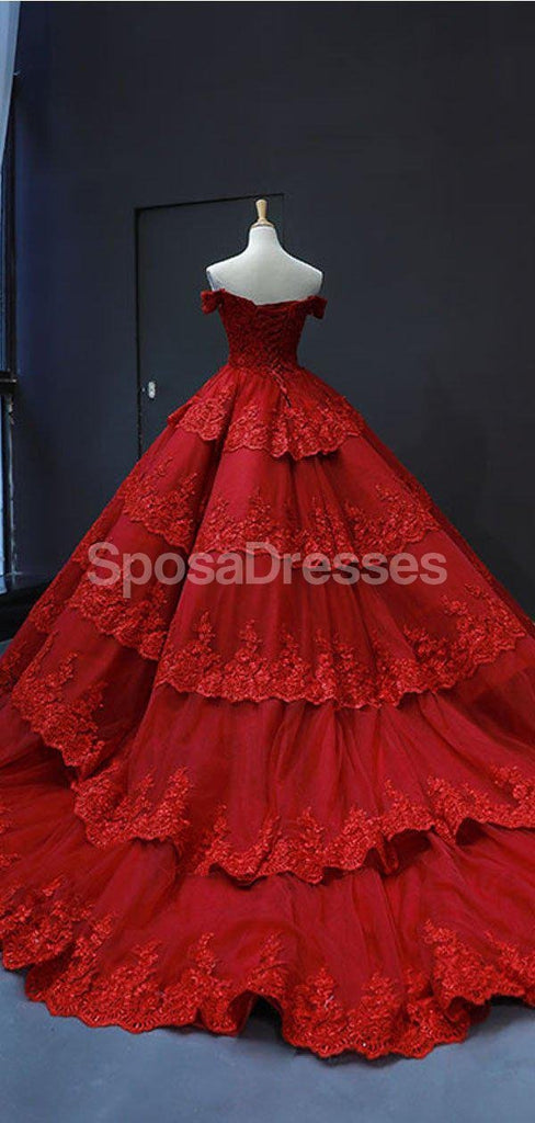 Off Shoulder Red Lace Long Evening Prom Dresses, Evening Party Prom Dresses, 12250