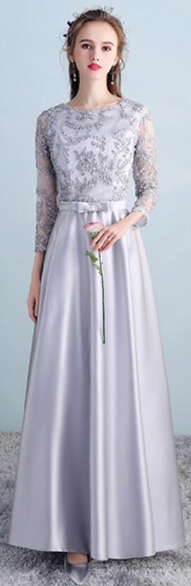 Gray Long Sleeves Lace Mismatched Cheap Long Bridesmaid Dresses Online, WG502