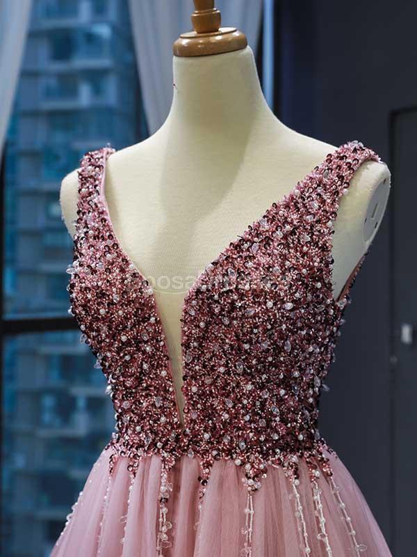 V Neck Peach Rhinestone Beaded Long Evening Prom Dresses, Evening Party Prom Dresses, 12242