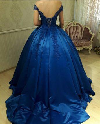 Royal Blau Off-Schulter Lace A-line Langen Abend Prom Kleider, 17469