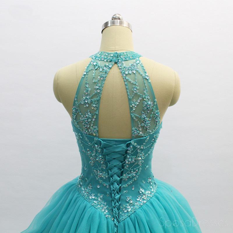 Robe de bal Turquoise Halter Perlée A-ligne Longue Robes de bal de soirée, Pas cher Sweet 16 Robes, 18356