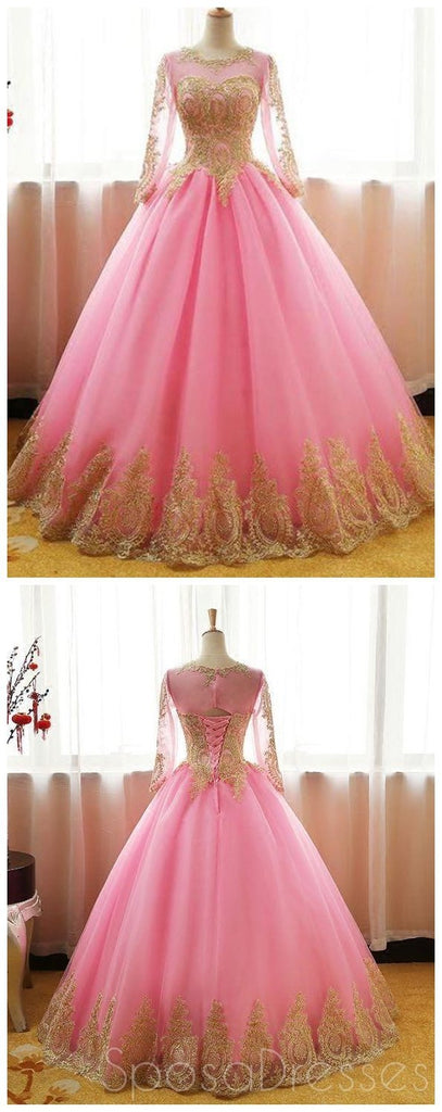 Long Sleeves Gold Lace Pink Skirt A-line Long Evening Prom Dresses, Cheap Sweet 16 Dresses, 18415