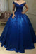 Royal Blau Off-Schulter Lace A-line Langen Abend Prom Kleider, 17469