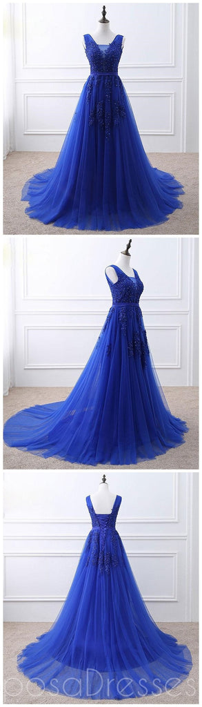 Royal Blue V Neck Lace Perle Applique Longue Soirée Robes de bal, Cheap Sweet 16 Robes, 18426