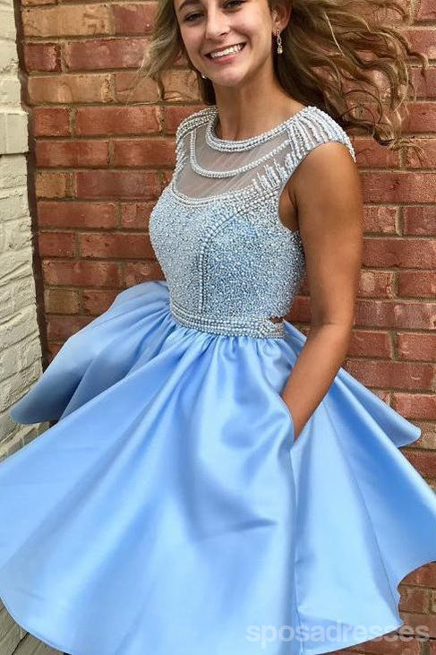 Open Blue Cap Sleeve Soop Short Cheap Homecoming Dresses en ligne, CM564