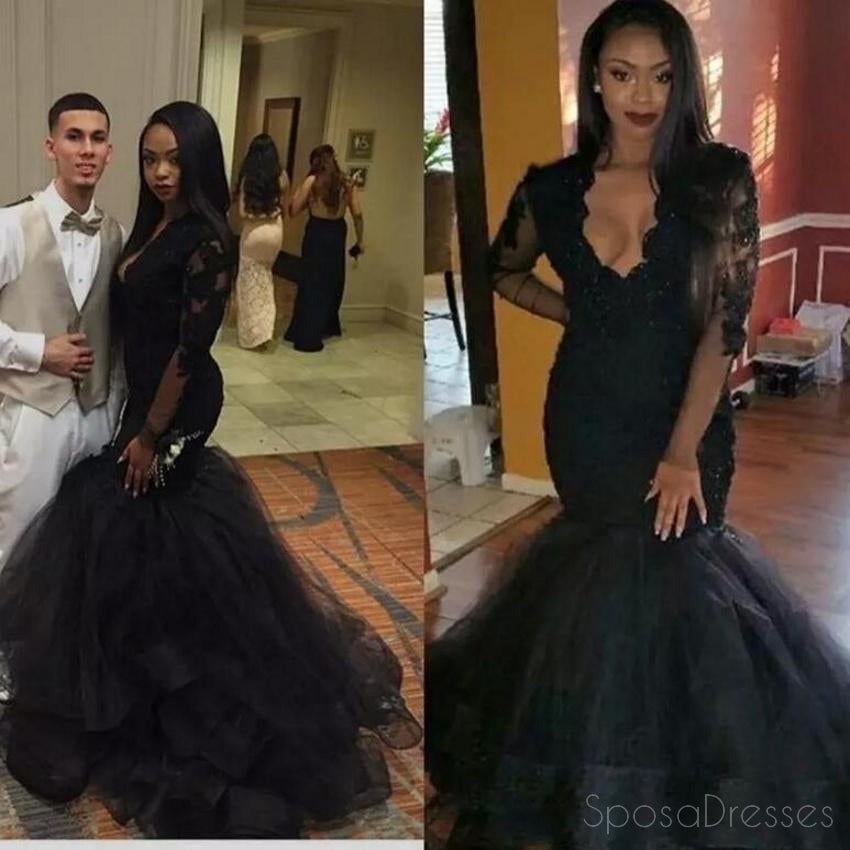 Vestidos de baile de la noche de sirena de encaje negro de manga larga sexy, vestidos de baile popular del Partido Negro, vestidos de baile largos personalizados, vestidos de baile formal baratos, 17166