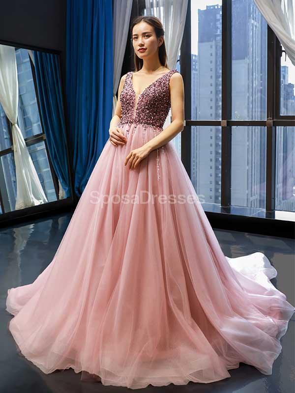 V Neck Peach Rhinestone Beaded Long Evening Prom Dresses, Evening Party Prom Dresses, 12242