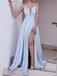 V Neck Spaghetti Straps Side Slit Blue Mermaid Long Evening Prom Dresses, 17507