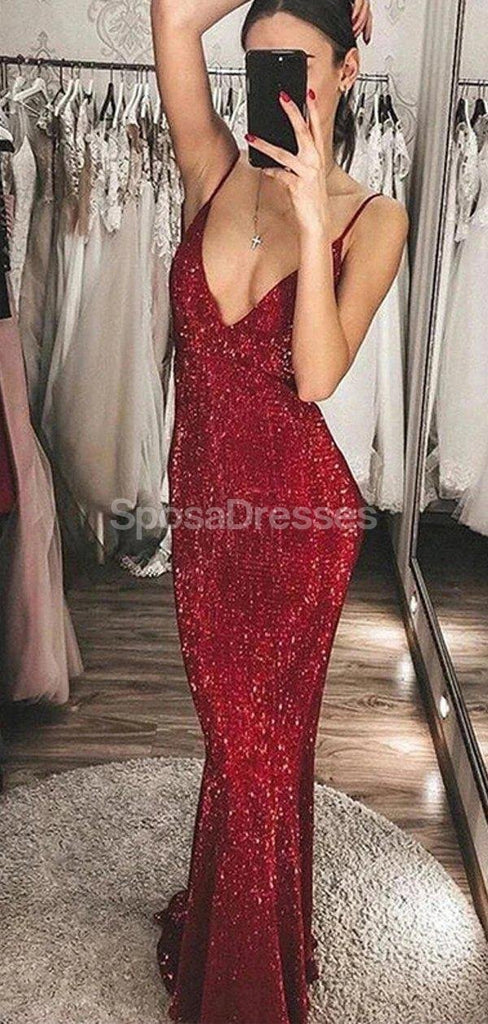 Sexy Backless Spaghetti Straps Dark Red Mermaid Long Evening Prom Dresses, Evening Party Prom Dresses, 12314