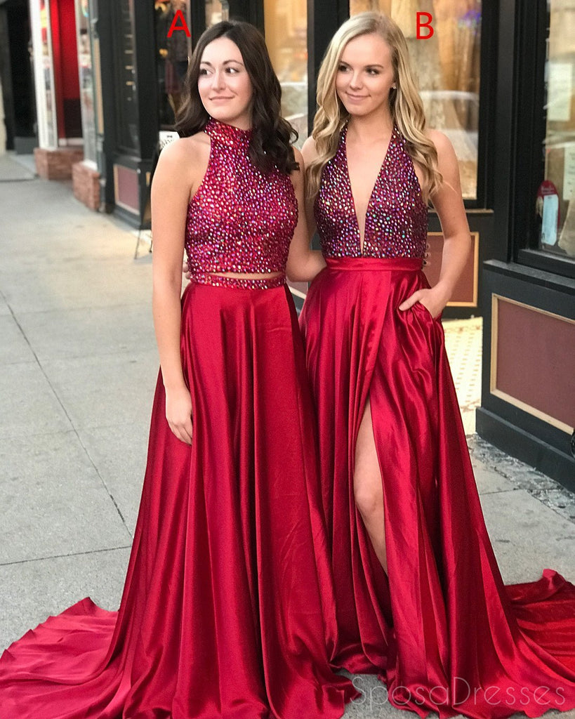 Vestidos de fiesta largos de noche largos con cuentas de diamantes de imitación rojos con cuentas, 17564