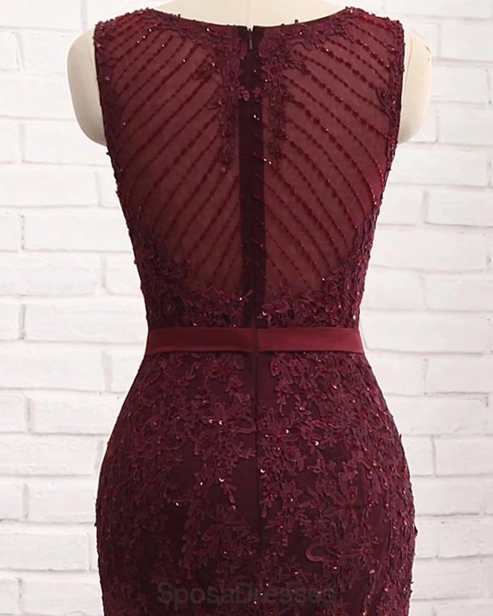 Scoop Maroon Lace Beaded Mermaid Long Evening Prom Dresses, Evening Party Prom Dresses, 12165